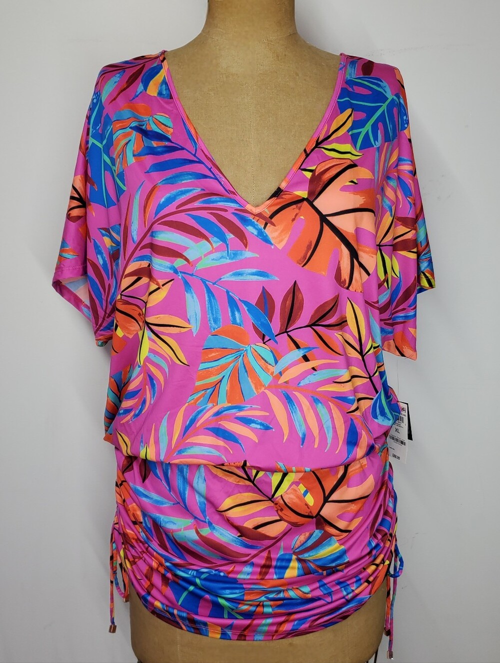 Bar III Size XL NEW Swim Cover-up Paradise Palms Floral Pink Elastic Adjustable